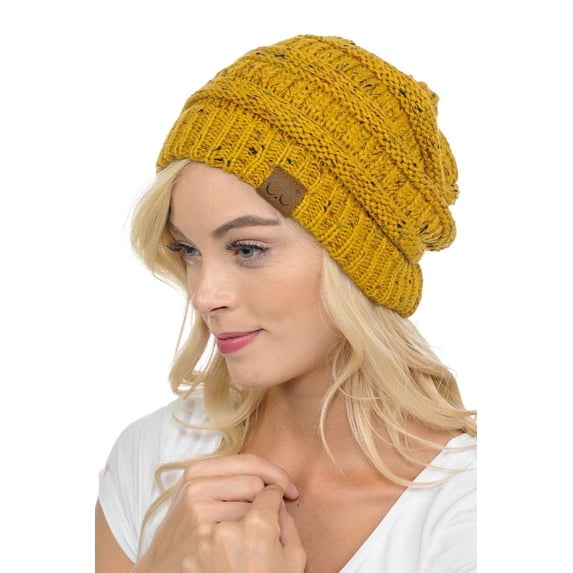 C.C Hat-33 Slouchy Thick Warm Cap Hat Skully Color Cable Knit Beanie Confetti Mustard