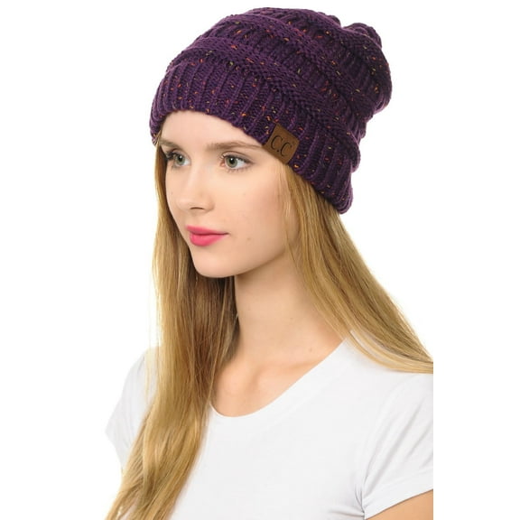 C.C Hat-33 Slouchy Thick Warm Cap Hat Skully Color Cable Knit Beanie Confetti Purple