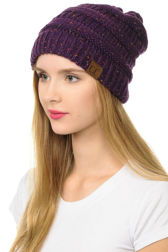 Hat-33 Slouchy Thick Warm Cap Hat Skully Color Cable Knit Beanie Confetti Purple