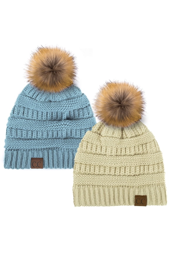 Thick Warm Cap Hat Skully Faux Fur Pom Pom Cable Knit Beanie 2 Pack Beige/Denim