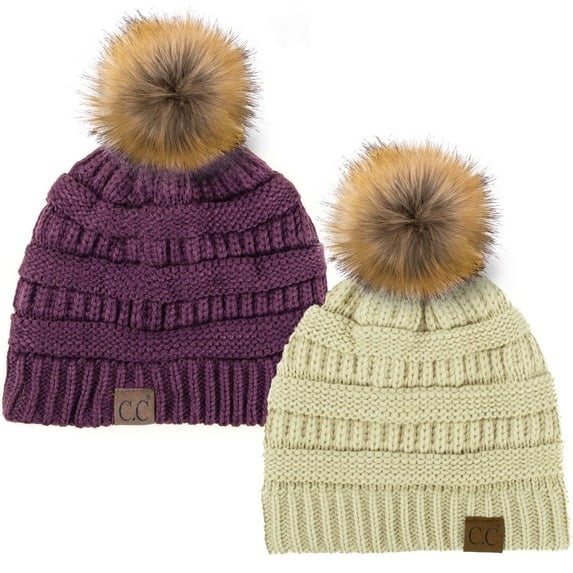 C.C Hat-43 Thick Warm Cap Hat Skully Faux Fur Pom Pom Cable Knit Beanie 2 Pack Beige/Dk Purple