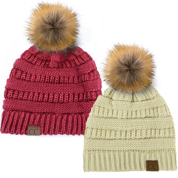 C.C Hat-43 Thick Warm Cap Hat Skully Faux Fur Pom Pom Cable Knit Beanie 2 Pack Beige/Metallic Burgundy