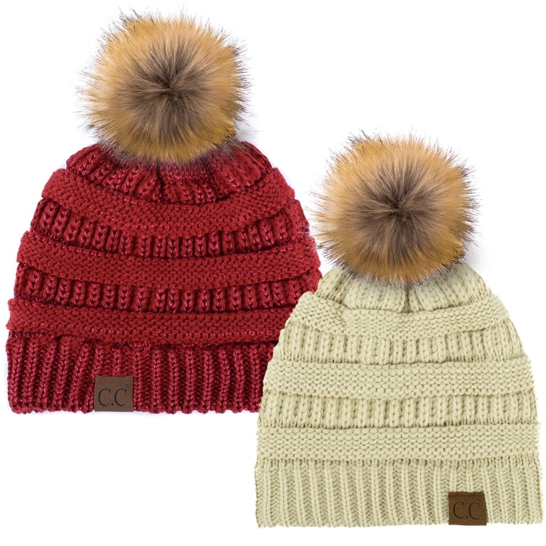 Confetti Cable Knit Pom Pom Beanie Stocking Cap Coral Confetti Cable Knit Pom Pom Beanie Stocking Cap Coral main image 4