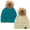 thumbnail image 1 of C.C Hat-43 Thick Warm Cap Hat Skully Faux Fur Pom Pom Cable Knit Beanie 2 Pack Beige/Metallic Teal, 1 of 1