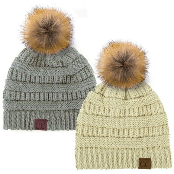 C.C Hat-43 Thick Warm Cap Hat Skully Faux Fur Pom Pom Cable Knit Beanie 2 Pack Beige/Natural Grey