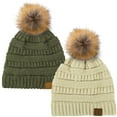 thumbnail image 1 of C.C Hat-43 Thick Warm Cap Hat Skully Faux Fur Pom Pom Cable Knit Beanie 2 Pack Beige/New Olive, 1 of 1