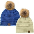 thumbnail image 1 of C.C Hat-43 Thick Warm Cap Hat Skully Faux Fur Pom Pom Cable Knit Beanie 2 Pack Beige/Royal, 1 of 1