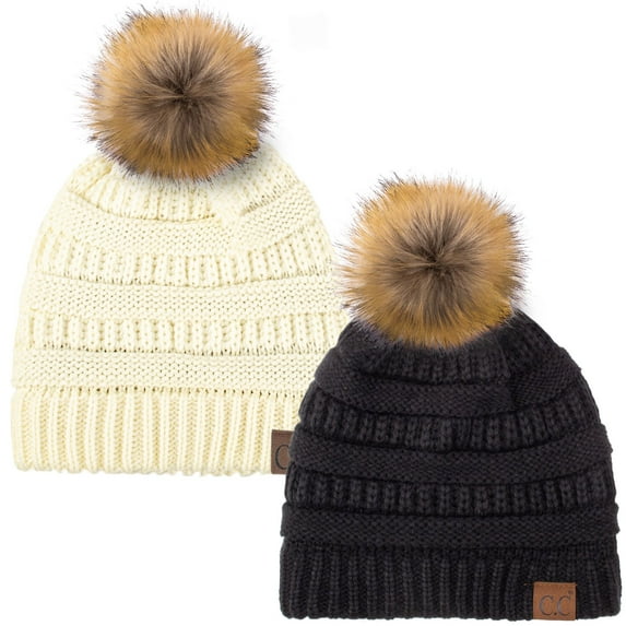 C.C Hat-43 Thick Warm Cap Hat Skully Faux Fur Pom Pom Cable Knit Beanie 2 Pack Black/Ivory