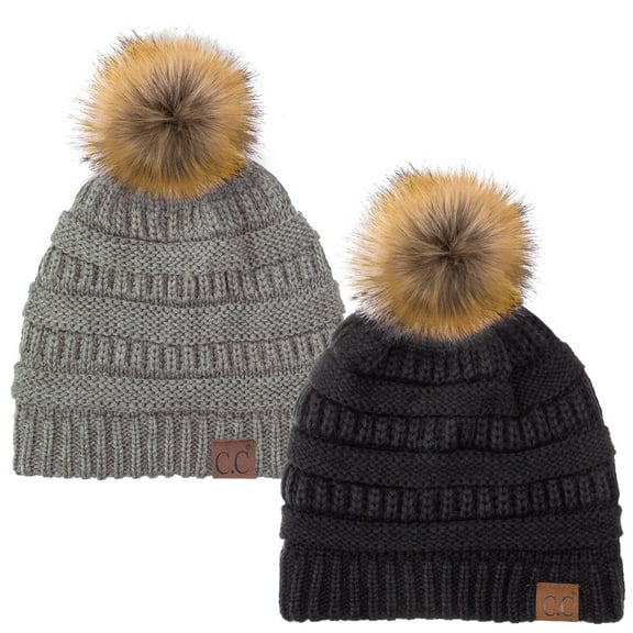 C.C Hat-43 Thick Warm Cap Hat Skully Faux Fur Pom Pom Cable Knit Beanie 2 Pack Black/Lt Melange