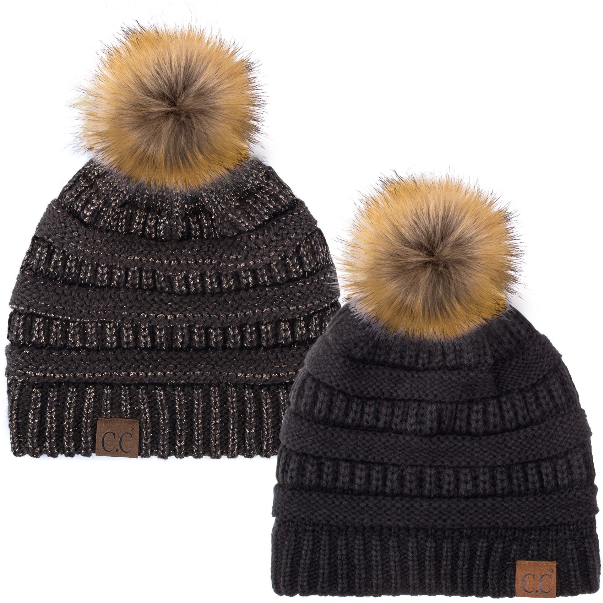 Beanie Cap Black Beanie With Tan Pom Pom Hat-43 Thick Warm Cap Hat