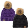 thumbnail image 1 of C.C Hat-43 Thick Warm Cap Hat Skully Faux Fur Pom Pom Cable Knit Beanie 2 Pack Black/Metallic Purple, 1 of 1