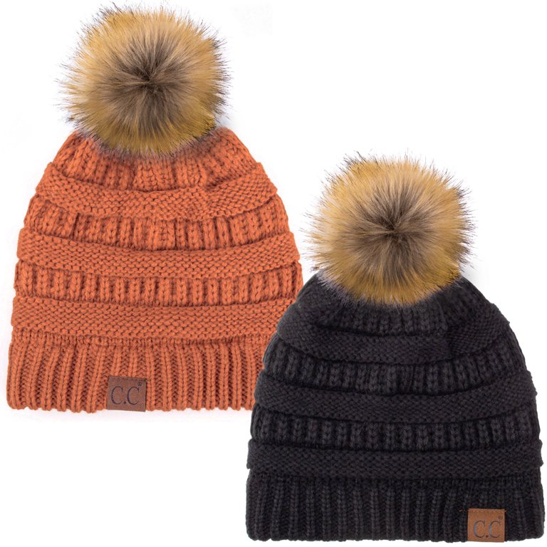 C.C Hat-43 Thick Warm Cap Hat Skully Faux Fur Pom Pom Cable  display picture 1