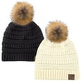 thumbnail image 1 of C.C Hat-43 Thick Warm Cap Hat Skully Faux Fur Pom Pom Cable Knit Beanie 2 Pack Ivory/Black, 1 of 1