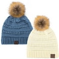 thumbnail image 1 of C.C Hat-43 Thick Warm Cap Hat Skully Faux Fur Pom Pom Cable Knit Beanie 2 Pack Ivory/Dk Denim, 1 of 1