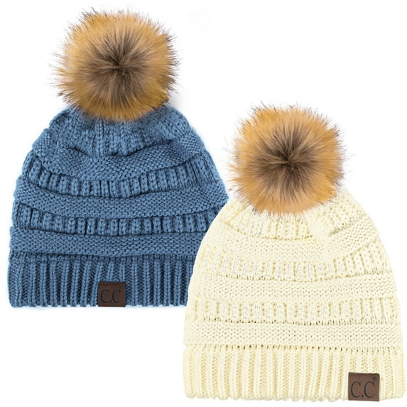 C.C Hat-43 Thick Warm Cap Hat Skully Faux Fur Pom Pom Cable Knit Beanie 2 Pack Ivory/Dk Denim
