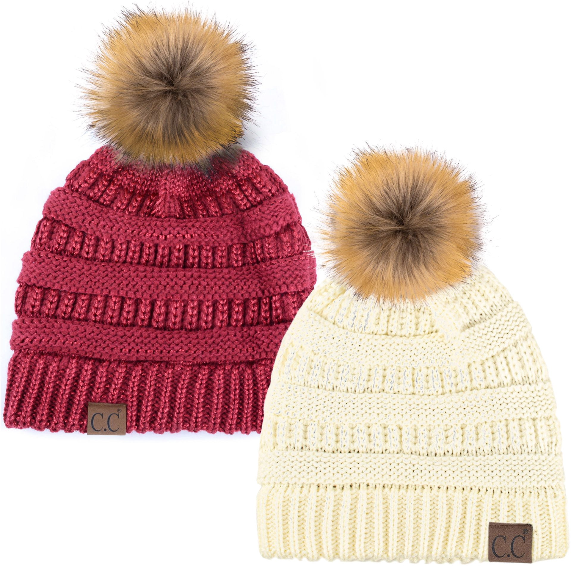 C.C Hat-43 Thick Warm Cap Hat Skully Faux Fur Pom Pom Cable  display picture 1
