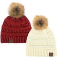 thumbnail image 1 of C.C Hat-43 Thick Warm Cap Hat Skully Faux Fur Pom Pom Cable Knit Beanie 2 Pack Ivory/Metallic Red, 1 of 1