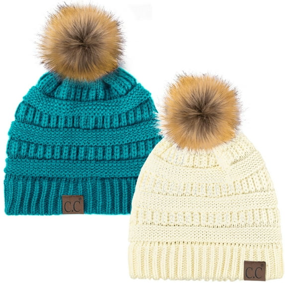 C.C Hat-43 Thick Warm Cap Hat Skully Faux Fur Pom Pom Cable Knit Beanie 2 Pack Ivory/Teal