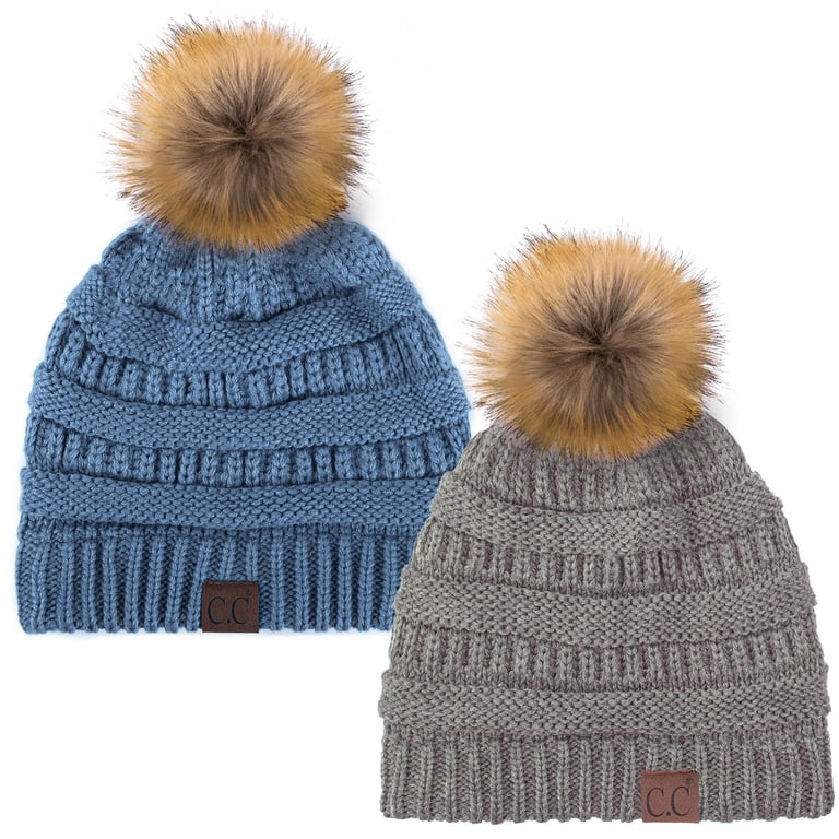 C.C Hat-43 Thick Warm Cap Hat Skully Faux Fur Pom Pom Cable  display picture 1