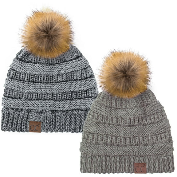 C.C Hat-43 Thick Warm Cap Hat Skully Faux Fur Pom Pom Cable Knit Beanie 2 Pack Lt Melange/Metallic Dk Melange