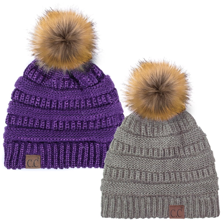 C.C Hat-43 Thick Warm Cap Hat Skully Faux Fur Pom Pom Cable  display picture 2
