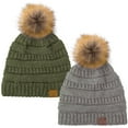 thumbnail image 1 of C.C Hat-43 Thick Warm Cap Hat Skully Faux Fur Pom Pom Cable Knit Beanie 2 Pack Lt Melange/New Olive, 1 of 1