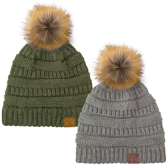C.C Hat-43 Thick Warm Cap Hat Skully Faux Fur Pom Pom Cable Knit Beanie 2 Pack Lt Melange/New Olive