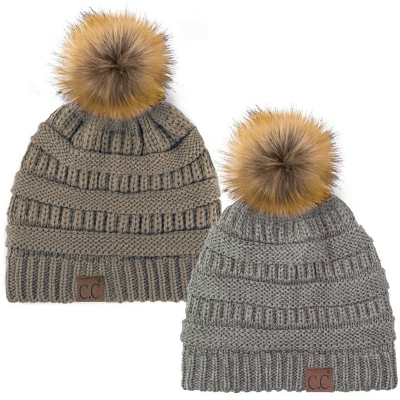 C.C Hat-43 Thick Warm Cap Hat Skully Faux Fur Pom Pom Cable Knit Beanie 2 Pack Lt Melange/Taupe