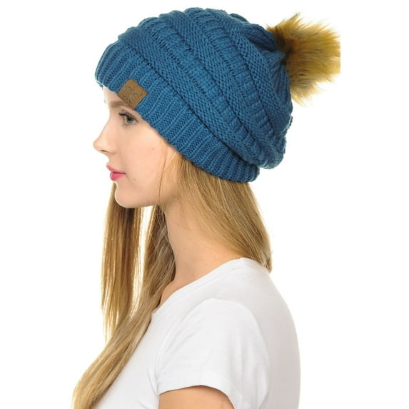 C.C Hat-43 Thick Warm Cap Hat Skully Faux Fur Pom Pom Cable Knit Beanie Dark Denim