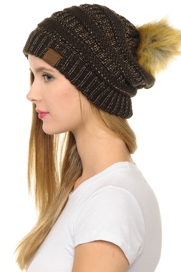 Hat-43 Thick Warm Cap Hat Skully Faux Fur Pom Pom Cable Knit Beanie Metallic Brown