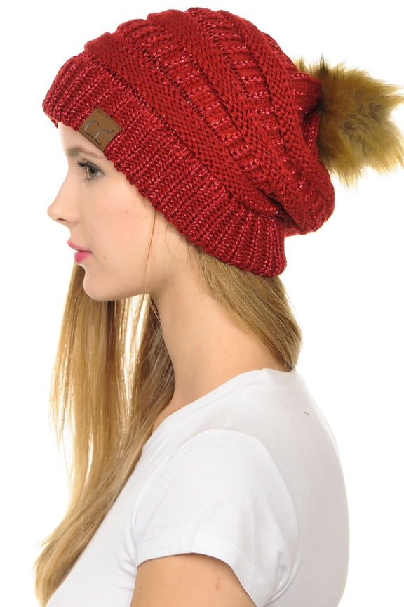 Hat-43 Thick Warm Cap Hat Skully Faux Fur Pom Pom Cable Knit Beanie Metallic Red