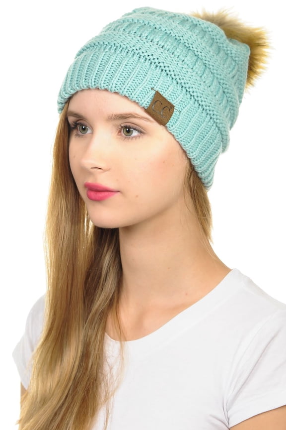 Hat-43 Thick Warm Cap Hat Skully Faux Fur Pom Pom Cable Knit Beanie Mint
