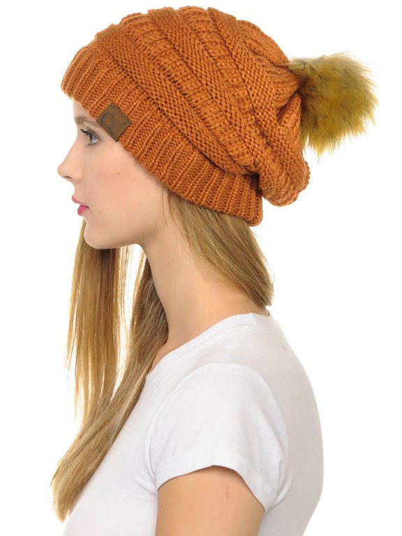 Hat-43 Thick Warm Cap Hat Skully Faux Fur Pom Pom Cable Knit Beanie Rust