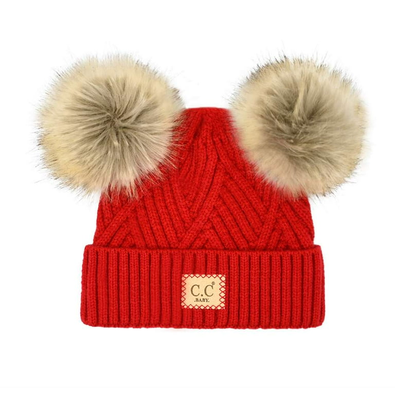 Kids' Babies' Soft Stretch Cable Knit Faux Fur Pom Pom Beanie