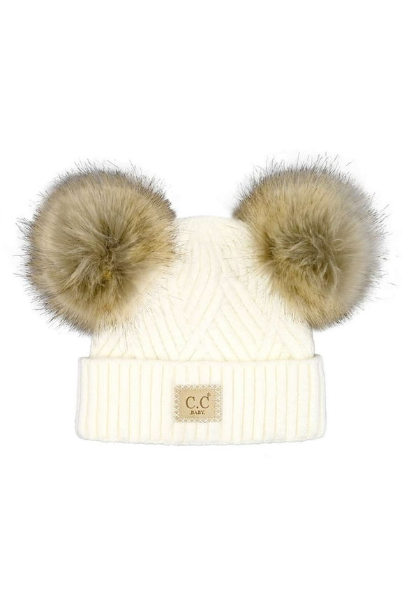 Kids' Babies' Soft Stretch Cable Knit Faux Fur Pom Pom Beanie Hat, Criss Cross White