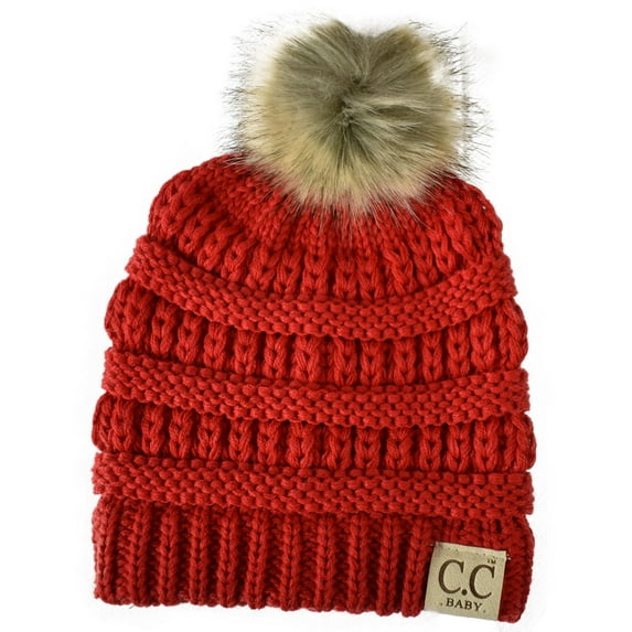 C.C Kids' Babies' Soft Stretch Cable Knit Faux Fur Pom Pom Beanie Hat, Red