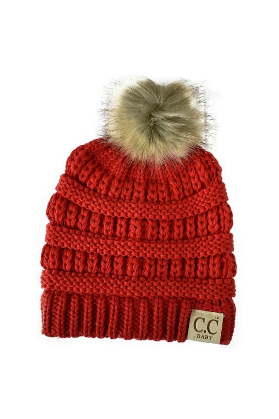 Kids' Babies' Soft Stretch Cable Knit Faux Fur Pom Pom Beanie Hat, Red