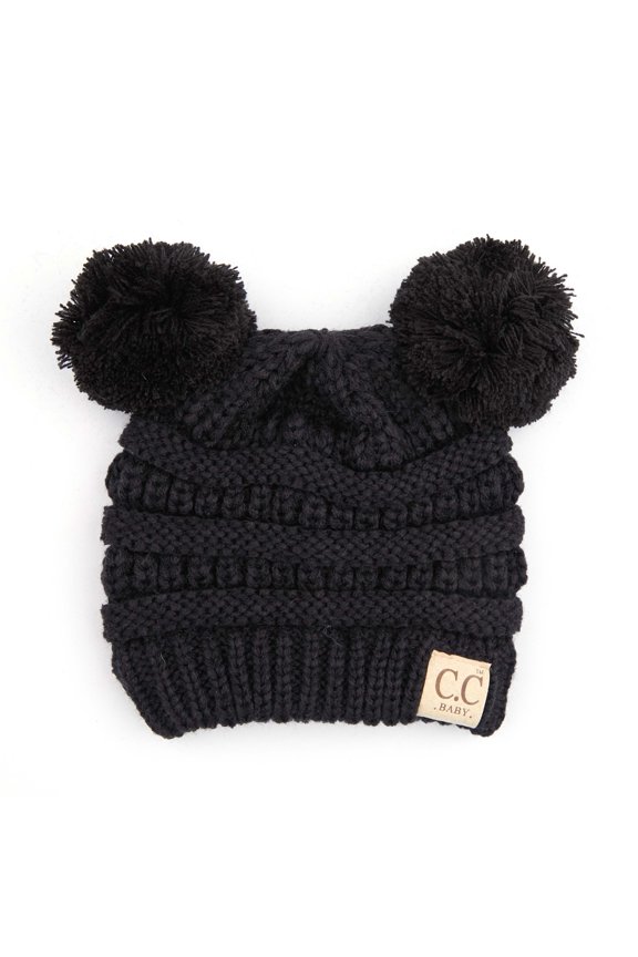 Kids' Babies' Soft Stretch Cable Knit Faux Fur Pom Pom Beanie Hat, Solid Black