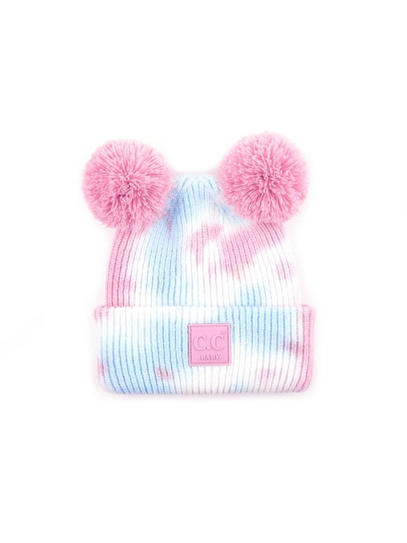 Kids' Babies' Soft Stretch Cable Knit Faux Fur Pom Pom Beanie Hat, Tie Dye Baby Pink/Baby Blue