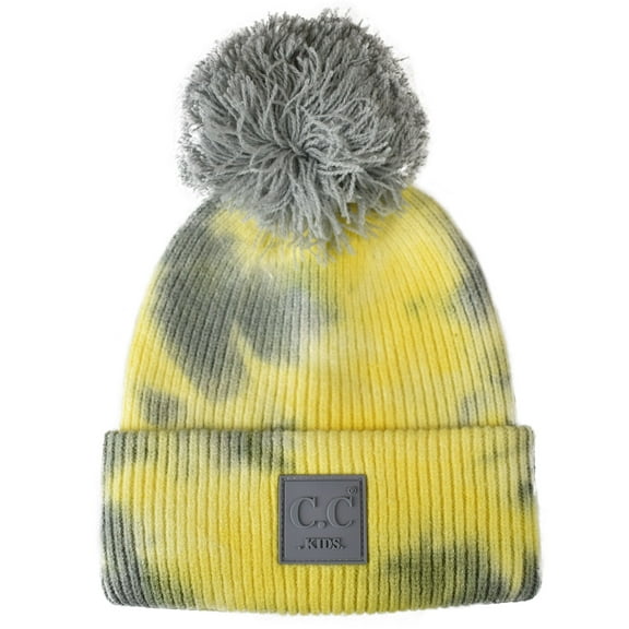 C.C Kids' Children's Winter Thick Knit Tie Dye Pom Cuff Beanie, Gray/Yellow