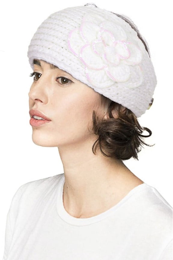 C. C. Knit Flower Head Band Various Colors (Ivory)