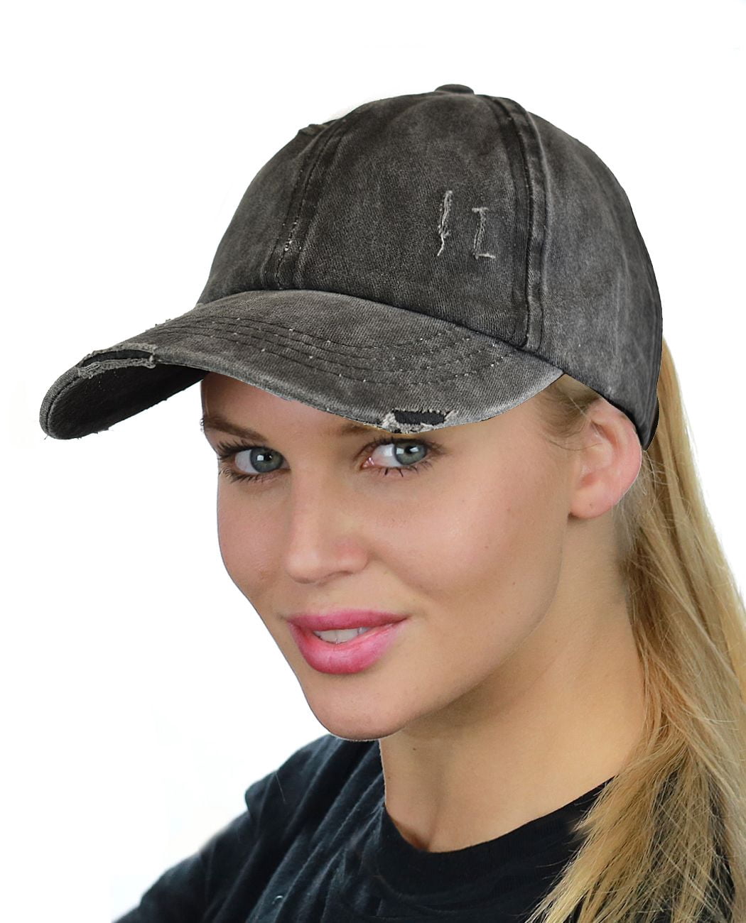 C.C Ladder Style Ponytail Baseball Cap - Distressed Washed Denim Adjustable Hat For Women - View #5