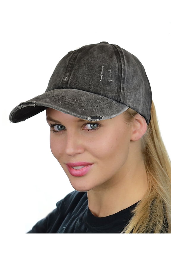 Ladder Style Ponycap Adjustable Ponytail Distressed Washed Denim Baseball Cap, Black