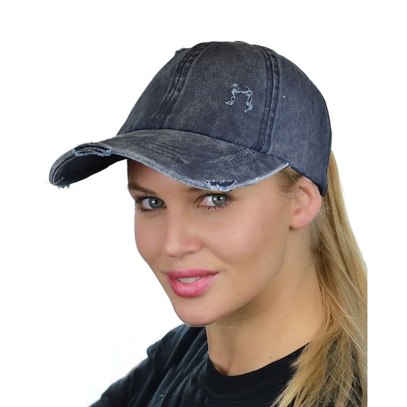 C.C Ladder Style Ponycap Adjustable Ponytail Distressed Washed Denim Baseball Cap, Navy