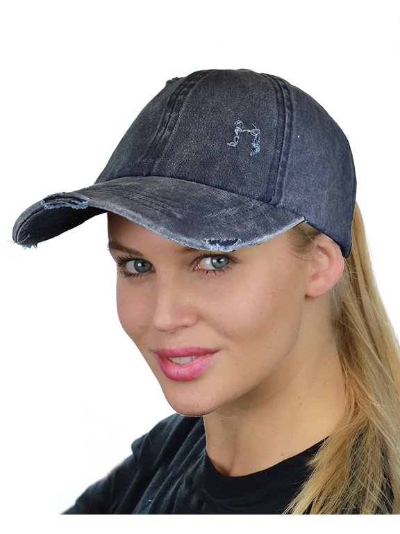 Ladder Style Ponycap Adjustable Ponytail Distressed Washed Denim Baseball Cap, Navy