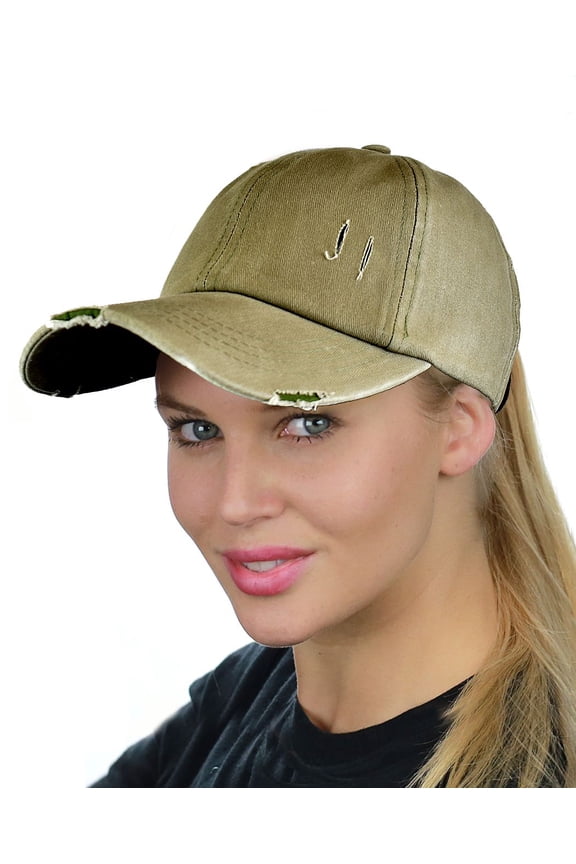 Ladder Style Ponycap Adjustable Ponytail Distressed Washed Denim Baseball Cap, Olive