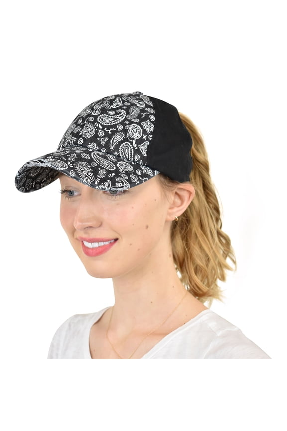 Ladder Style Ponycap Adjustable Ponytail Distressed Washed Denim Baseball Cap, Paisley Black