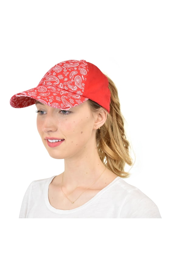 Ladder Style Ponycap Adjustable Ponytail Distressed Washed Denim Baseball Cap, Paisley Red