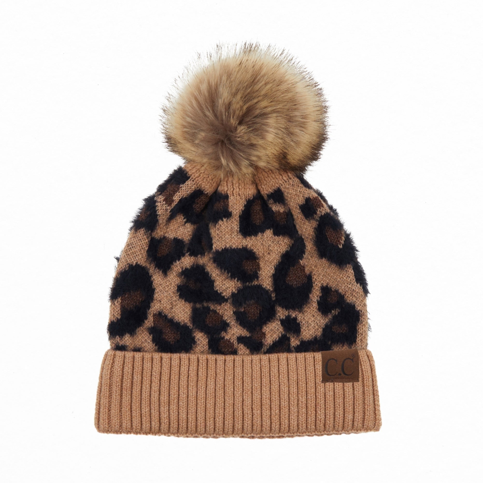 C.C Exclusives Soft Beanie with Leopard Print Fur Pom Winter 