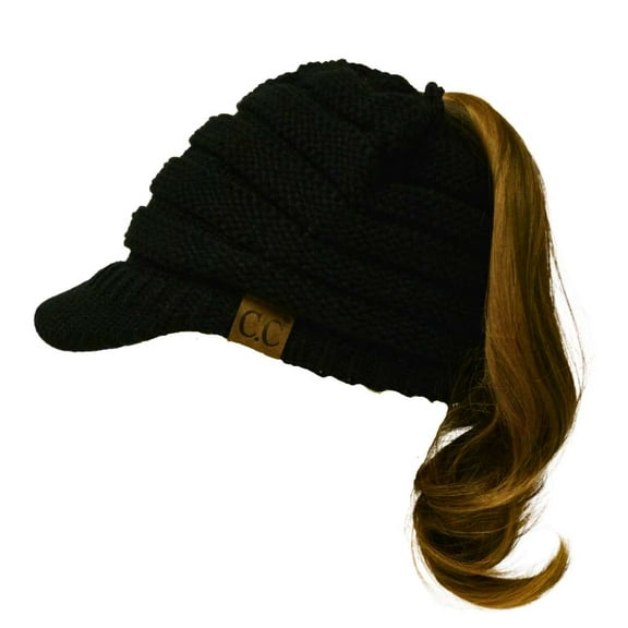 C.C MB-131 BeanieTail Warm Knit Messy High Bun Ponytail Visor Beanie Cap, Black